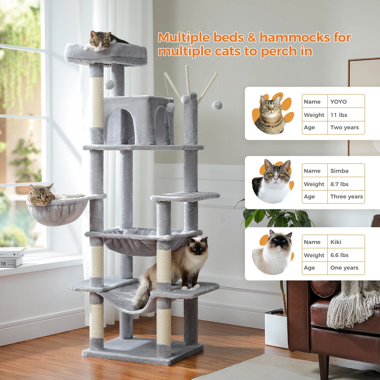 Castillo para gatos con rascador y 3 o 4 alturas.